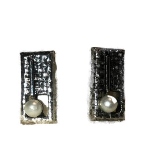 VINTAGE Signed JUDY LEE Men's Silvertone Pearl Cufflinks - Picture 2 of 4